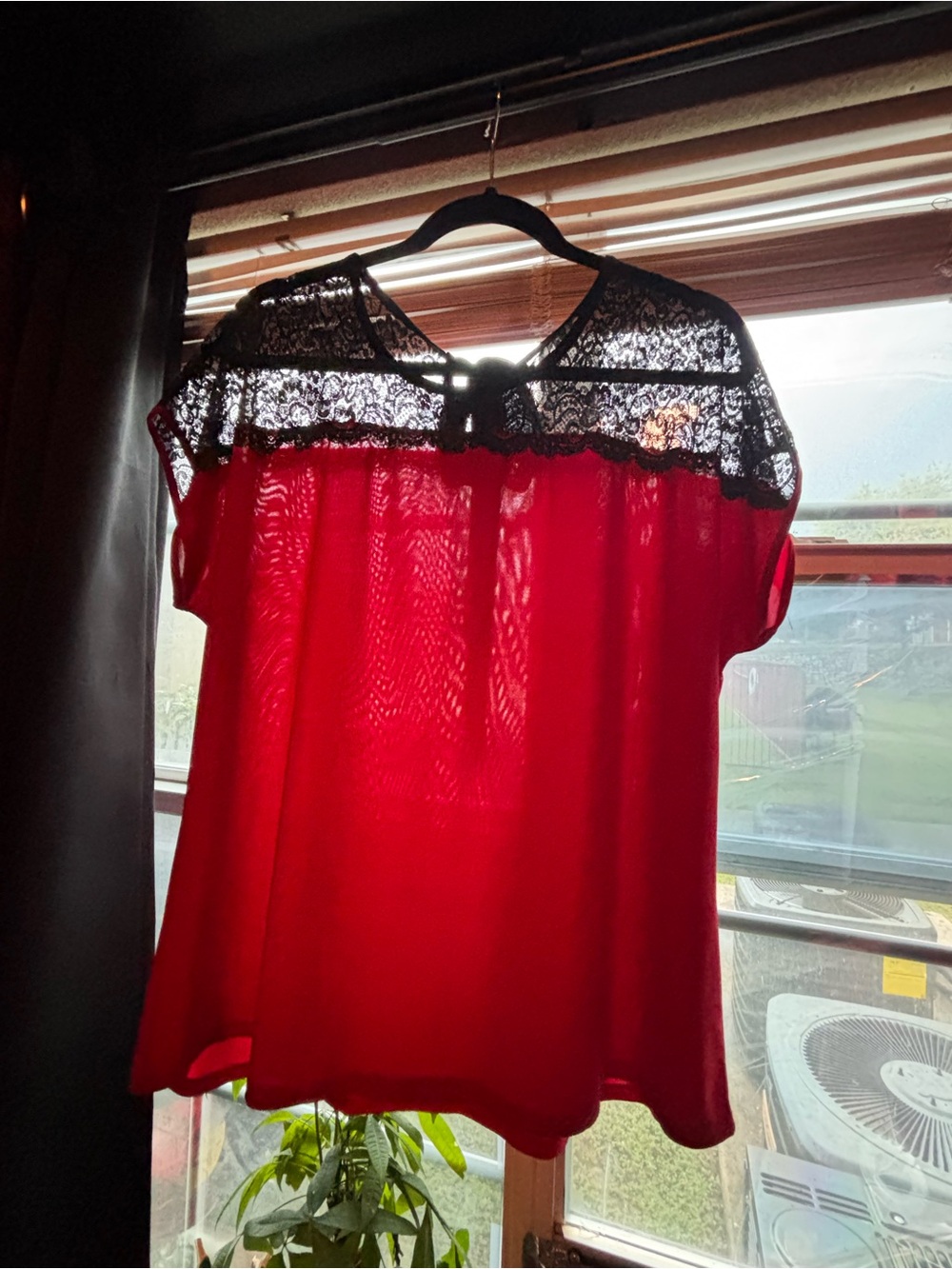Black Lace & Red Blouse - Feminine Short Sleeve Top